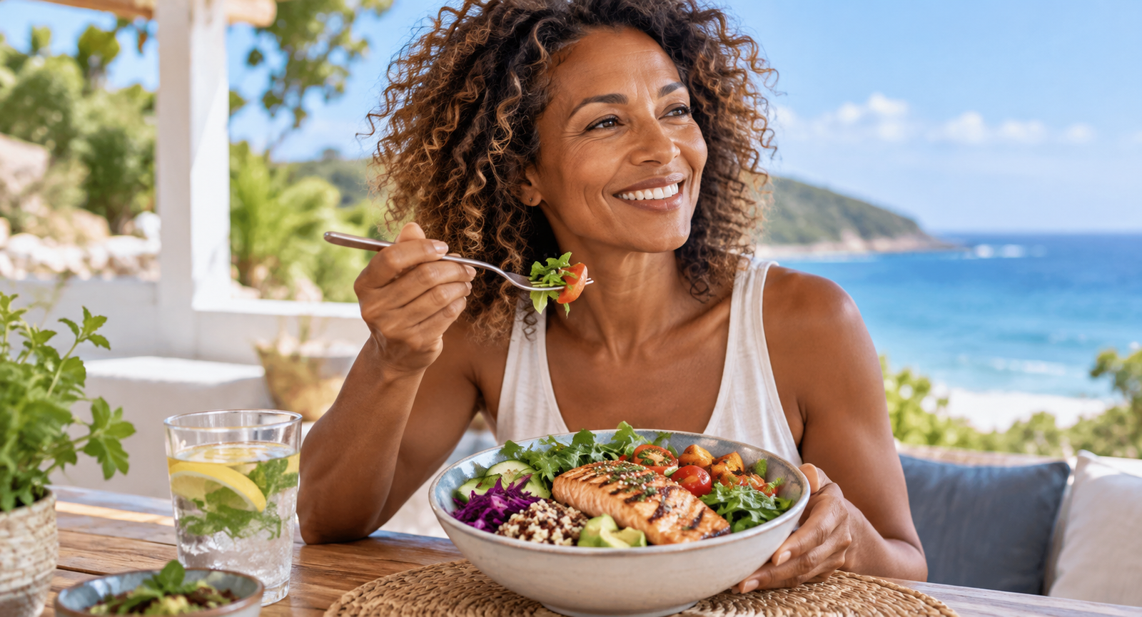 A lady eating a healthy meal of fish and salad