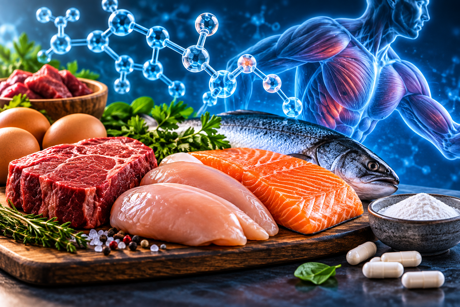 Carnosine-rich foods including meat, fish and poultry with muscle and molecular imagery