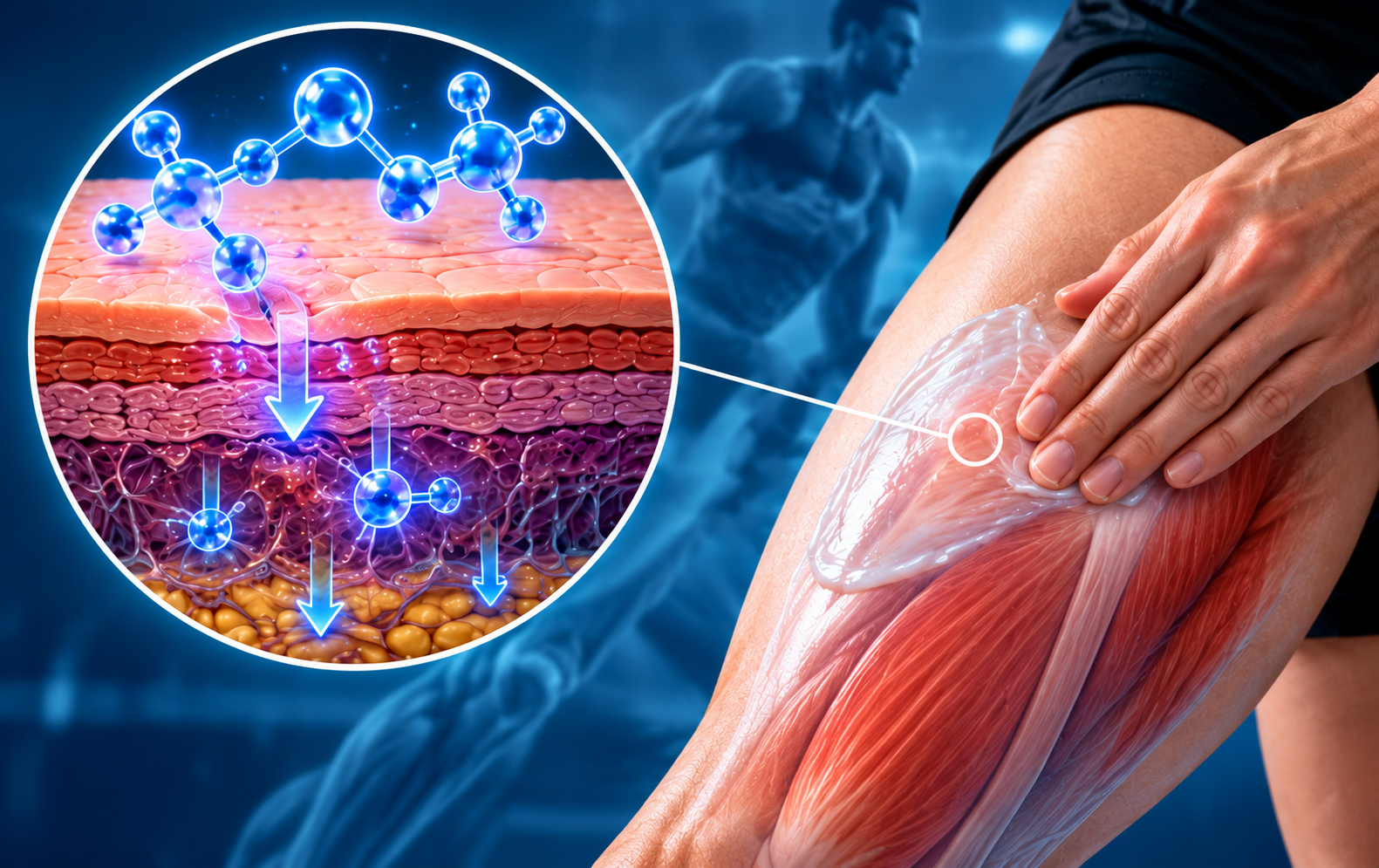 Illustration of topical carnosine gel applied to the thigh with skin layers and molecular structures