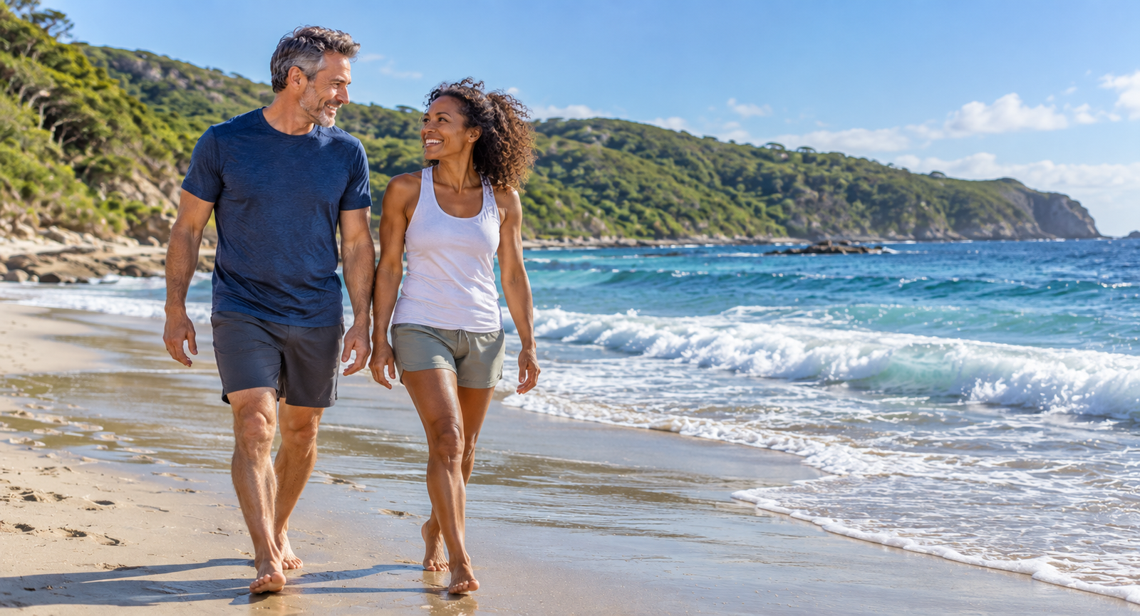 Active middle age couple walking on a beach