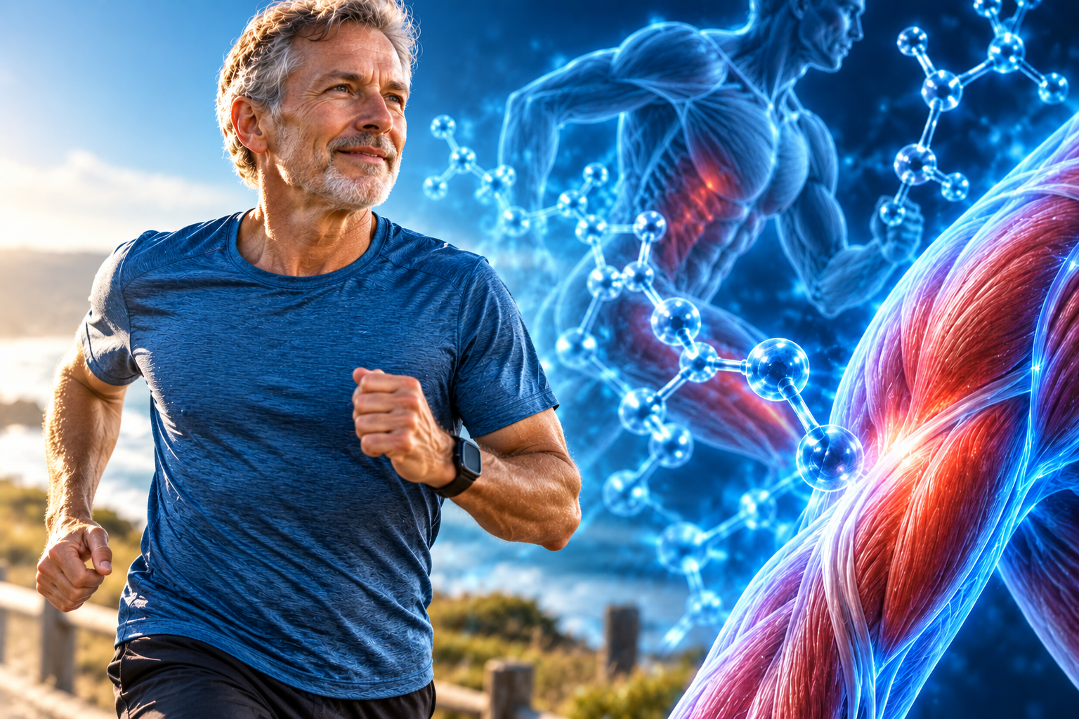 Active older man running with muscle and molecular imagery