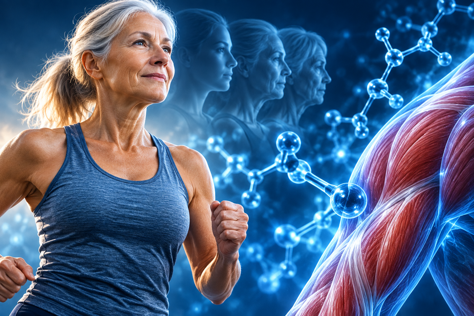 Active older woman with molecular and muscle imagery