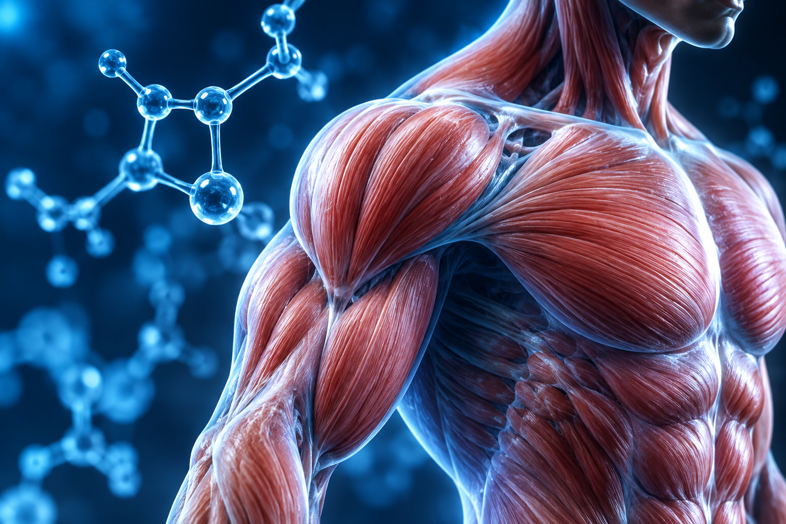 Illustration of human skeletal muscle with molecular structures