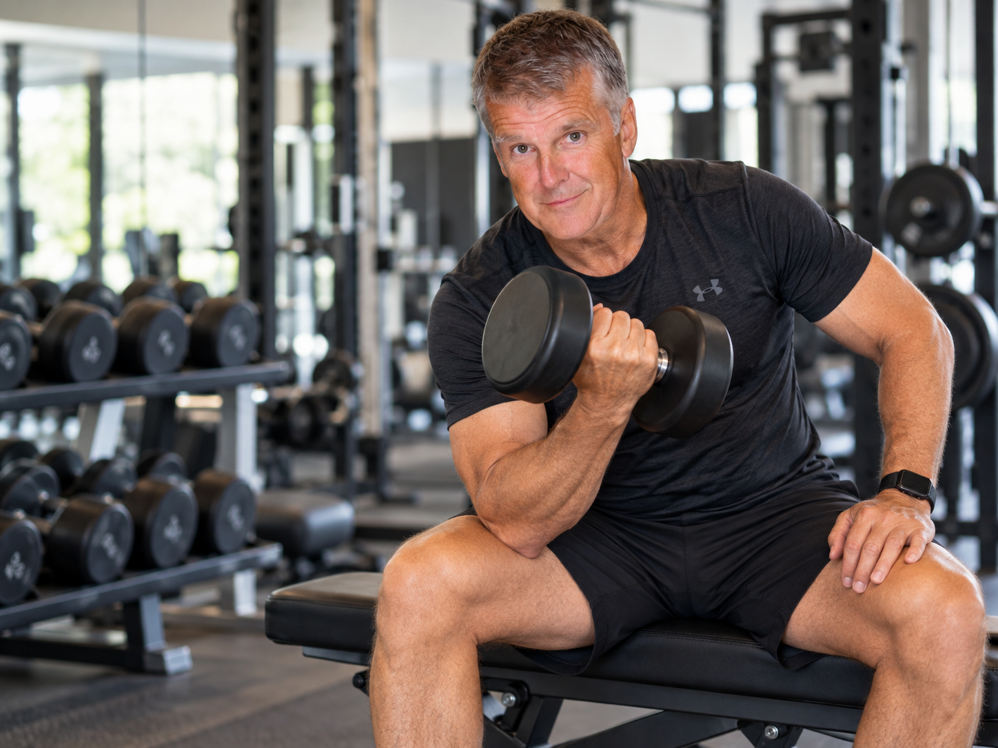 Older man strength training with a dumbbell in a gym