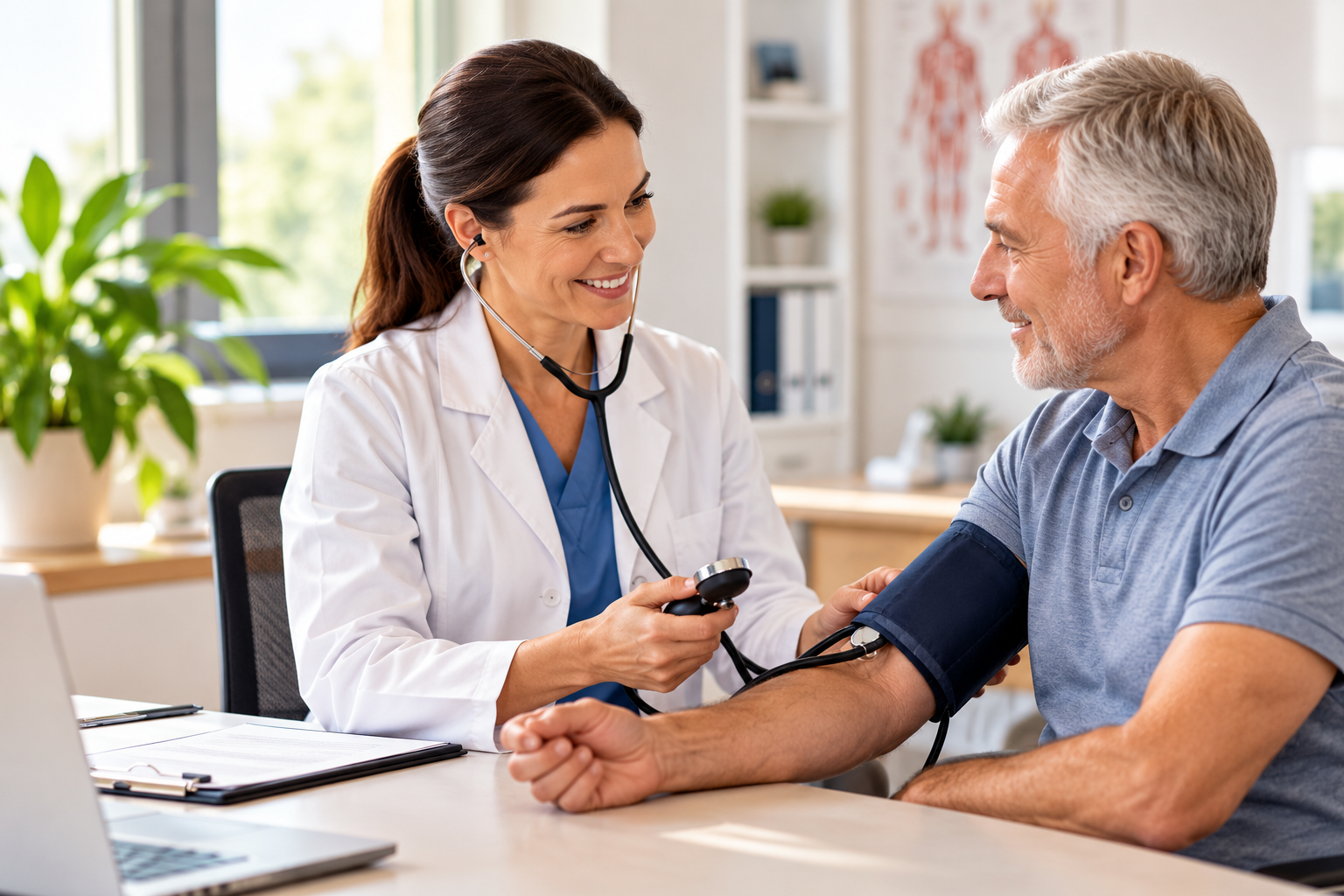 Doctor checking an older man's blood pressure during a health consultation