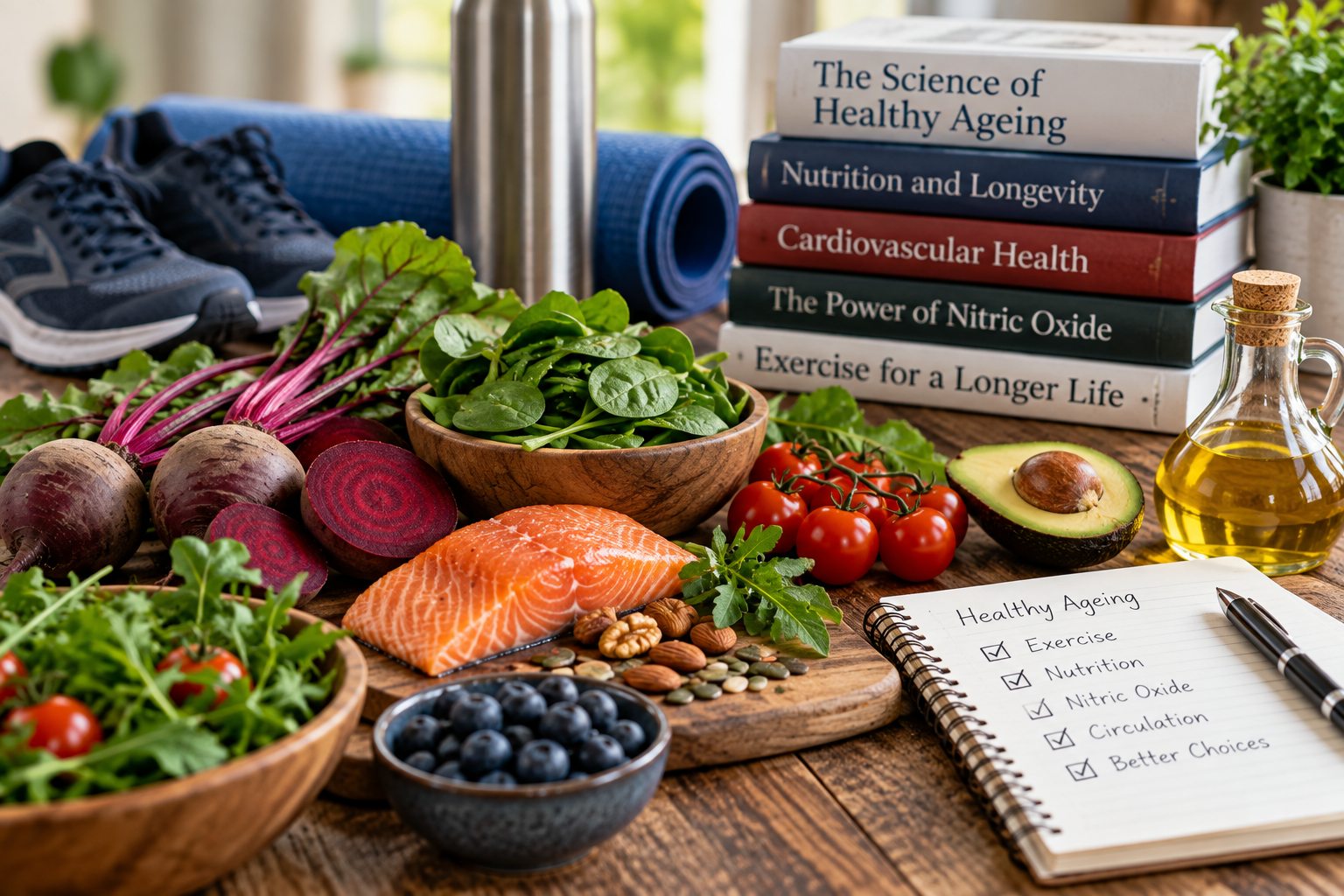 Healthy ageing foods with exercise equipment and books about nutrition and longevity