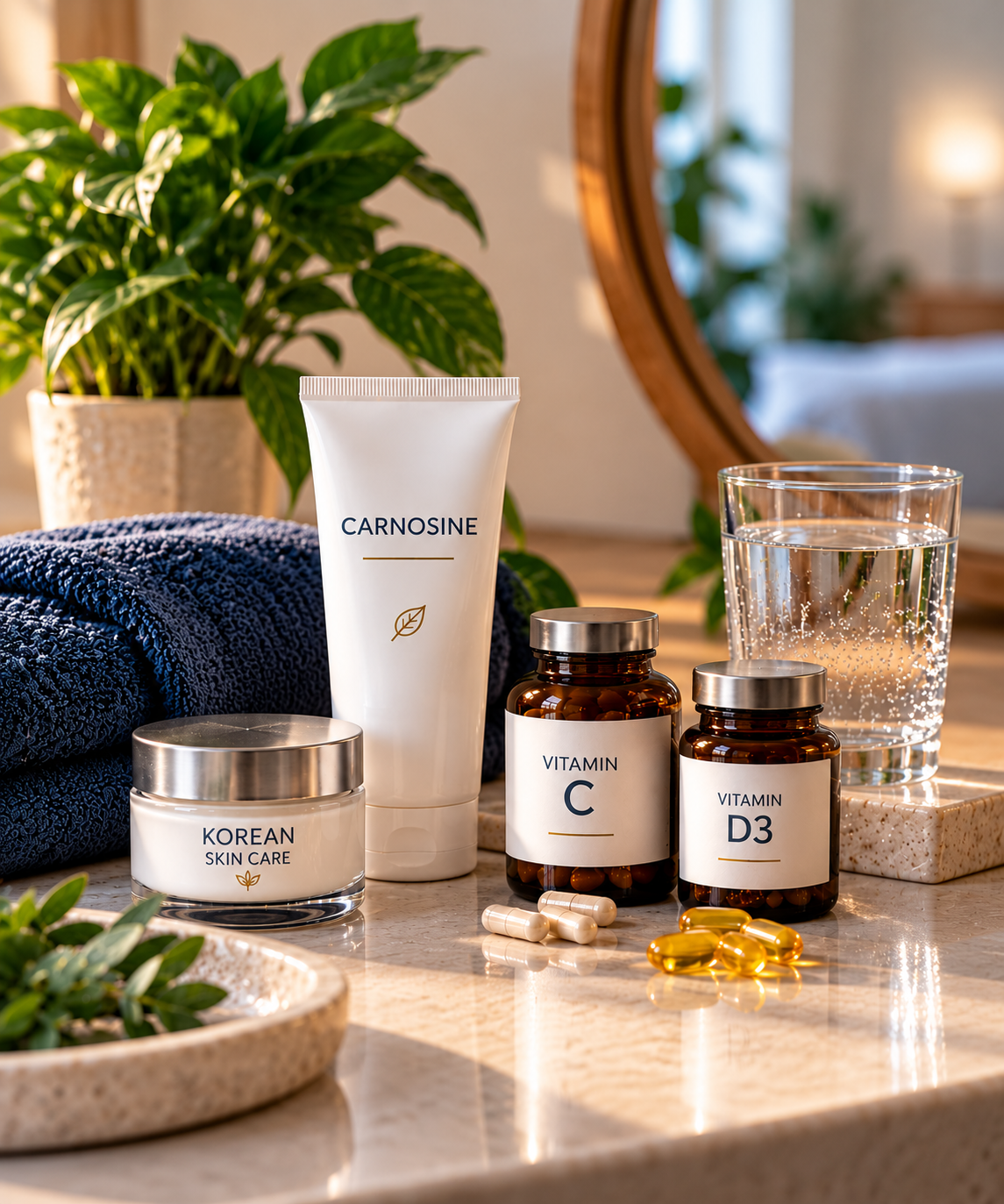 Carnosine gel, skincare cream and vitamin supplements as part of a personal health routine