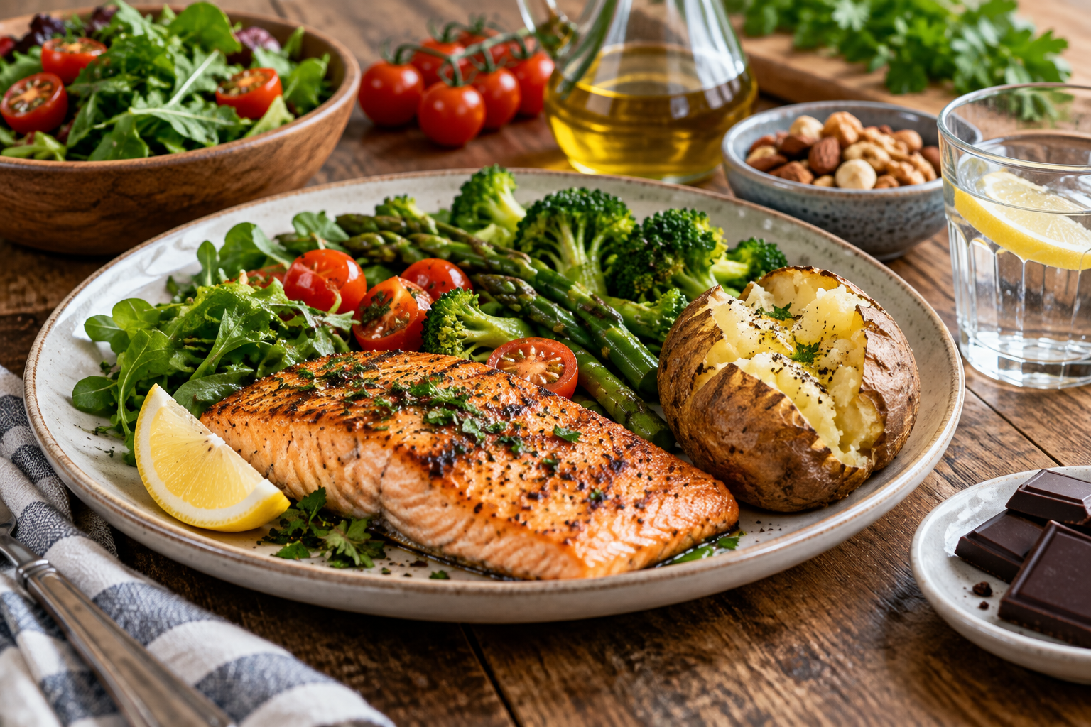 Grilled salmon with green vegetables, salad and a baked potato